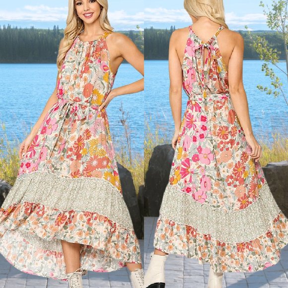 Sand & Sage Floral Halter Hi Low Maxi Dress Retro - Picture 3 of 5